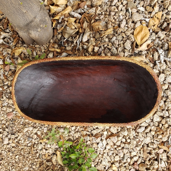 VTG Large Wooden Decorative Oval Bowl Hand Crafted with Rattan Woven Edge - Picture 10 of 11